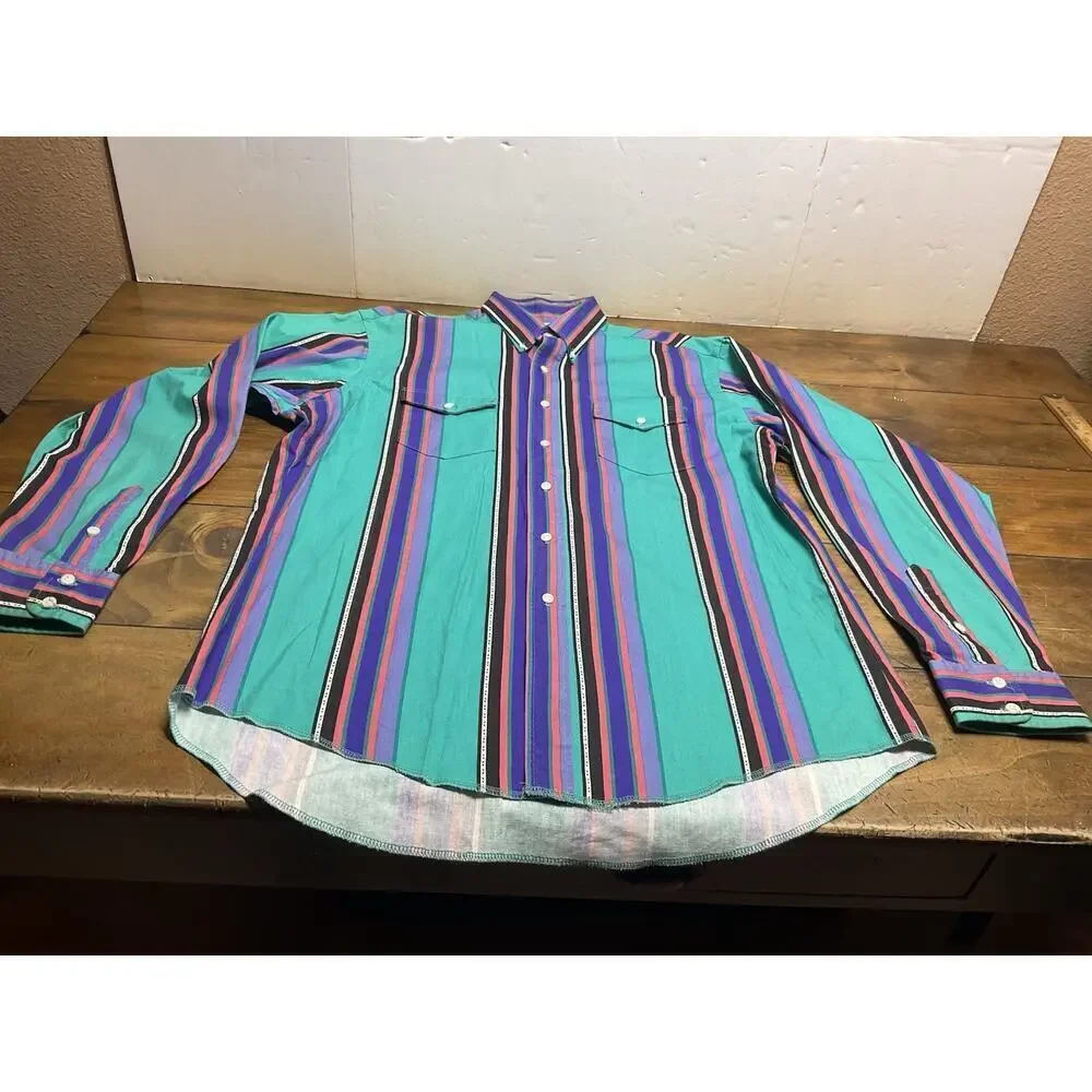 Vintage Wrangler Brushpopper Western Striped Button Up X-Long Tails 17x36 USA